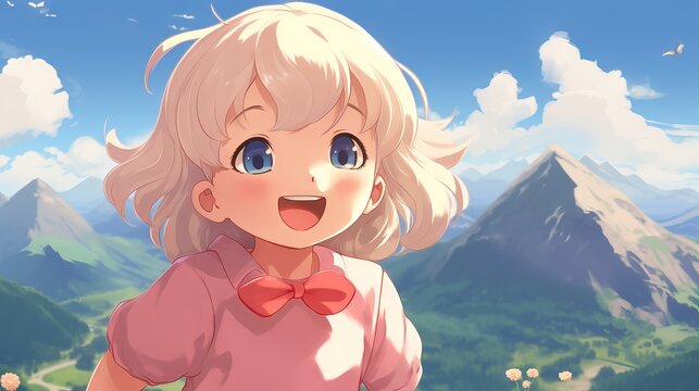 Joyful blonde baby girl in anime style with pink shirt in mountain landscape - Lofi anime visual - girl with a backpack in the mountains