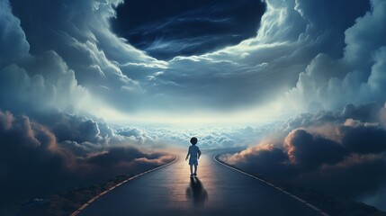 Enchanting journey: Little Boy exploring a cloud road to a magical kingdom with a playful elf companion