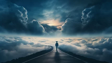 Fotobehang Enchanting journey: Little Boy exploring a cloud road to a magical kingdom with a playful elf companion © Ameer