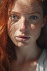 A stunning close-up portrait of a red-haired woman, with her delicate features - her lips, eyes, cheeks, neck, and hair - illuminated in a captivating light, radiates a sense of strength and beauty