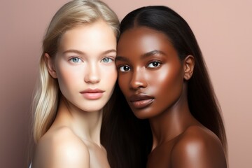 AI Generated. Twof women with different skin color. Beauty