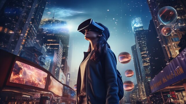 Exploring a Futuristic Virtual City: Lone Traveler in VR Simulation Amid Neon Skyscrapers