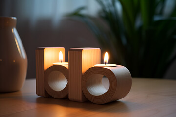 candle in wooden 'bb' stand - obrazy, fototapety, plakaty