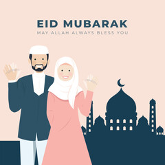 Eid Mubarak and wishes Muslim Couple smiling and waving hand with masjid background