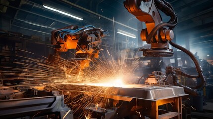 Precision Robotic Welding: Intricate Metal Joining with Sparks in Well-Lit Workshop