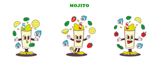 Set of characters classic and strawberry, raspberry Mojito with mint leaves and ice cubes in comic cartoon style on transparent background. Isolated vector illustration hand drawing of funny mascot