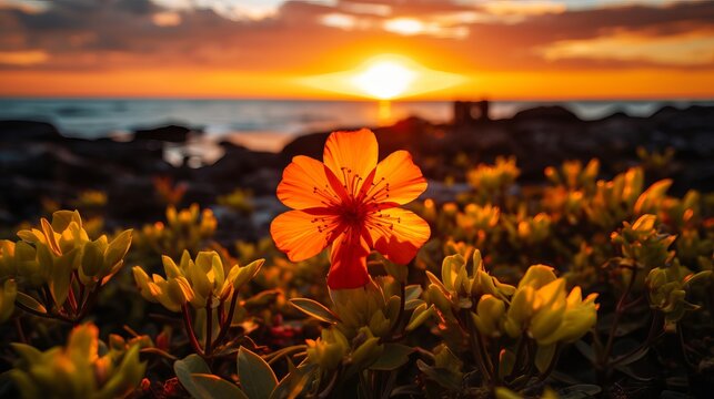 A photography capturing a wild flower with a sunset background - beauty of nature as the vibrant flower stands out against the backdrop of a mesmerizing sunset