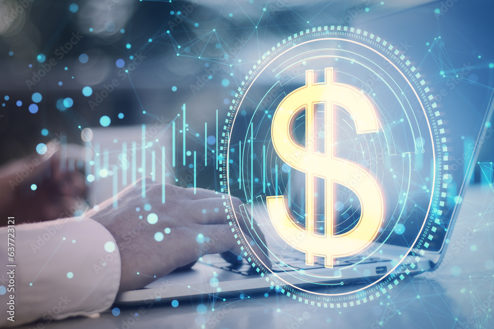 Poster close up of male hands using laptop keyboard with creative round dollar coin and polygonal mesh holo