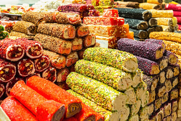 Set of multicolored turkish locum with nougat, nuts and fruits. Sweets and traditional oriental...