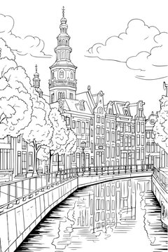 Netherlands Amsterdam cityscape black and white coloring page for adults. Buildings, canal, street, landmarks vector outline doodle sketch for anti stress color book