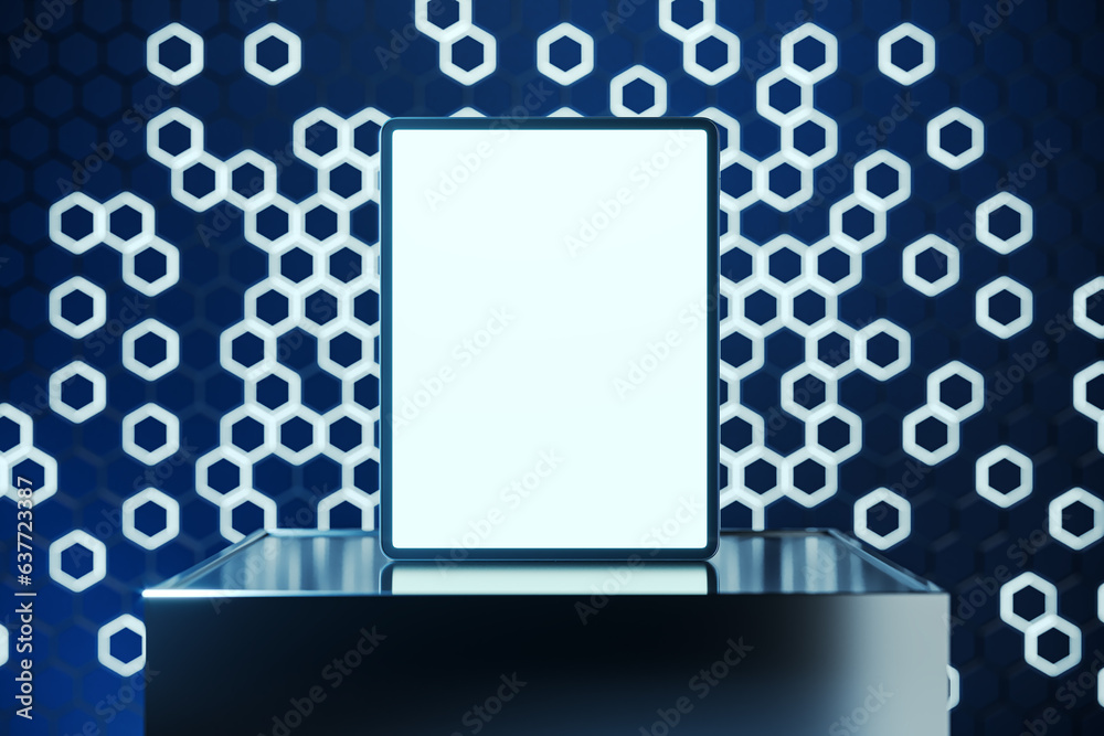Poster Empty white tablet screen on pedestal with mock up place and blue hexagonal background. Creative presentation concept. 3D Rendering.