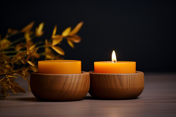 Obraz na płótnie Canvas Twin Wooden Candle Holders with Glowing Candles