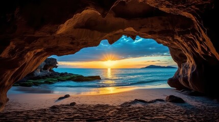 Beautiful view of sunset over the ocean from the cave view 