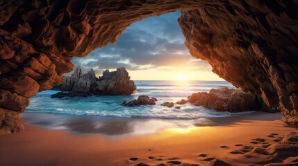 Beautiful view of sunset over the ocean from the cave view 