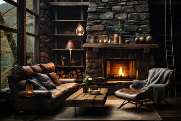 Obraz na płótnie Canvas a living room with stone wall and armchair fireplace 