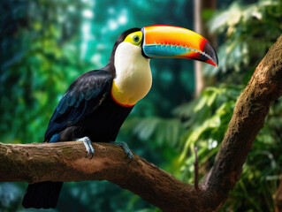 Fototapeta premium Close-up of a rainbow-billed toucan on a tree