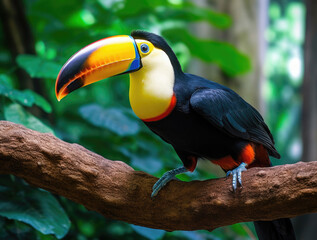 Close-up of a rainbow-billed toucan on a tree
