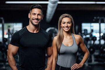 Fototapeta na wymiar couple flexing their muscles, working out in gym, health and wellness