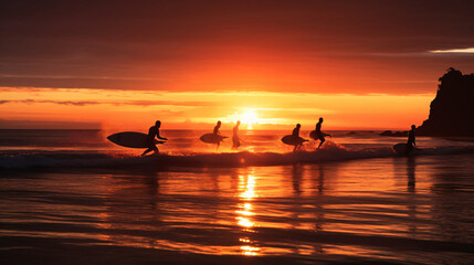 Surfers during sunset sillohutte
