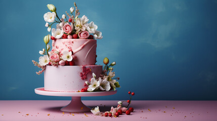 Sweet cake with floral decor on table