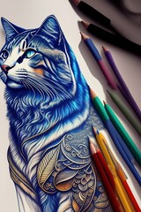 cat with pencils art work
