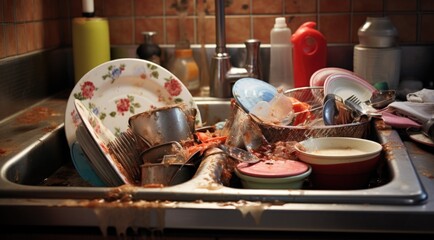 Dirty dishes in a kitchen sink with dirty utensils - obrazy, fototapety, plakaty