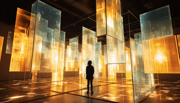 Floating media screens project realistic images, forming a mirage-like scene