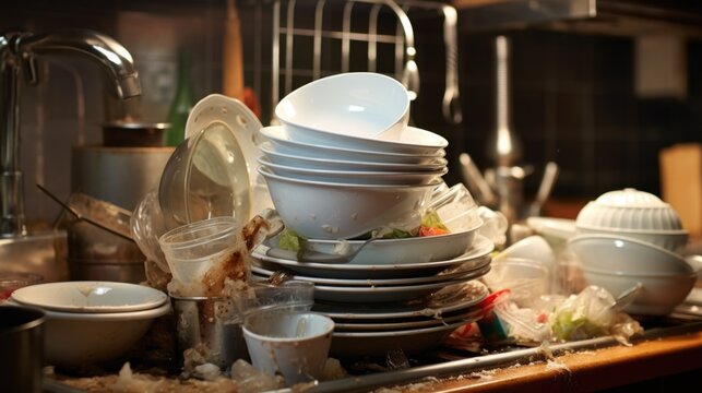 A pile of dirty dishes and dishes on a kitchen counter