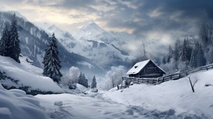 Fototapeta premium A cabin in the mountains covered in snow