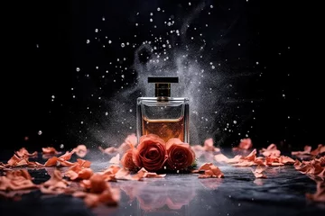 Foto op Plexiglas Unlabeled luxury perfume bottle mock up in a cozy setting on a dark background © Beastly