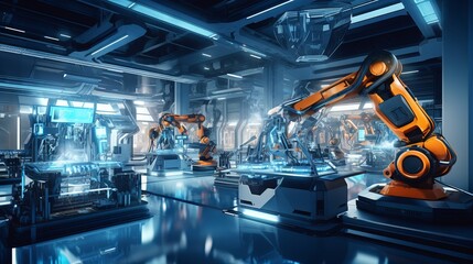 Revolutionizing Manufacturing: High-Tech Factory with Advanced Robotics and Automation for Precise Component Assembly - Futuristic Industrial Robot Arm in Action