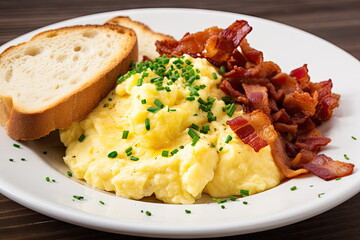 scrambled eggs with bacon and buttered toast