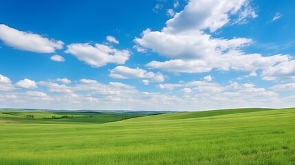 Fototapeta na wymiar Beautiful panoramic natural landscape, Green field and blue sky with clouds Landscape, green field and blue sky with clouds