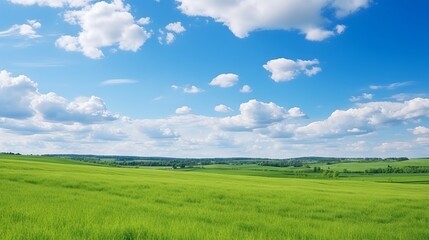 Obraz premium Beautiful panoramic natural landscape, Green field and blue sky with clouds Landscape, green field and blue sky