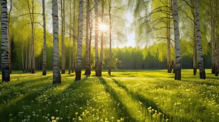 Fototapete Birkenhain Bright Spring Birch Grove with Green Grass and Dandelions in Sunlit Forest - Natural Landscape Background