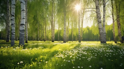 Bright Spring Birch Grove with Green Grass and Dandelions in Sunlit Forest - Natural Landscape Background