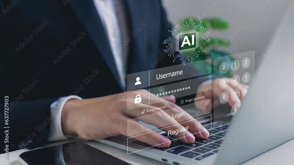 Poster security with ai (artificial intelligence), businessman use laptop login register username and passw
