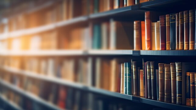 Vintage bookshelf in library with rows of aged books - nostalgic literary collection - library shelves with books