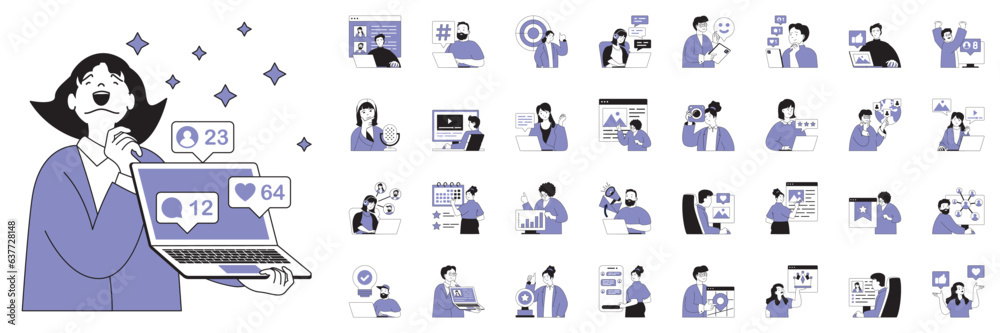Aufkleber social network concept with character situations mega set. bundle of scenes people chatting, posting