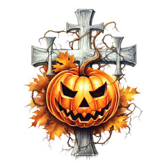 Scary Halloween Cross and Jack O Lantern Pumpkins Watercolor Clipart isolated on Transparent Background.