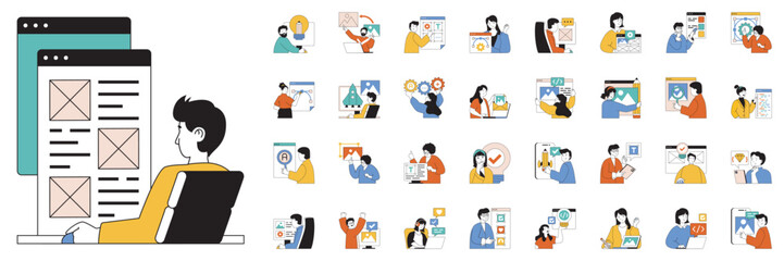 Design and development concept with character situations mega set. Bundle of scenes people creating images and digital drawing content, programming and other. Vector illustrations in flat web design