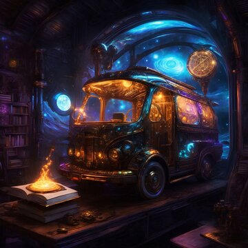 artwork of car with beautiful design and details, with a huge clock hanging in the back in front of it, a book above a burning fire in a strange scene with a beautiful background, attractive 