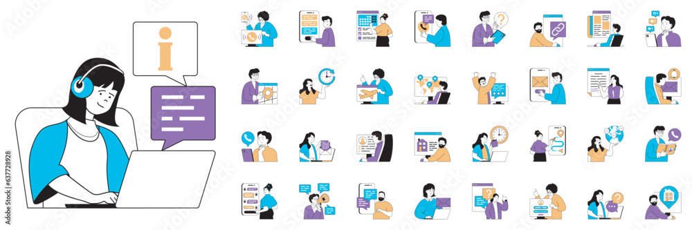 Poster contact us concept with character situations mega set. bundle of scenes people calling, sending mess