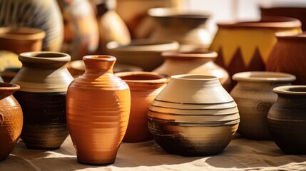 Fototapeta na wymiar Photograph displays handcrafted clay pottery in earthy hues. 