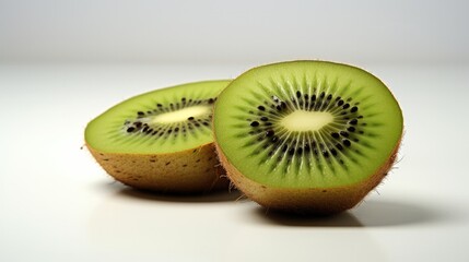 A vibrant halved kiwi reveals its emerald flesh and dotted seeds, creating a striking contrast against a spotless white backdrop.
