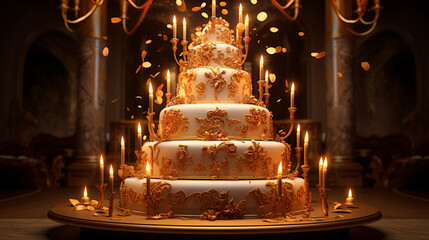 Tiered birthday cake with golden candles