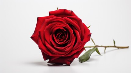 A mesmerizing photograph displays a velvet red rose, its petals unfurled in rich detail, exuding passion and elegance as it stands in stark contrast against the impeccable whiteness of the backdrop.