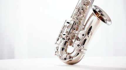 A gleaming saxophone, every curve and key shimmering, is meticulously displayed against a pure...