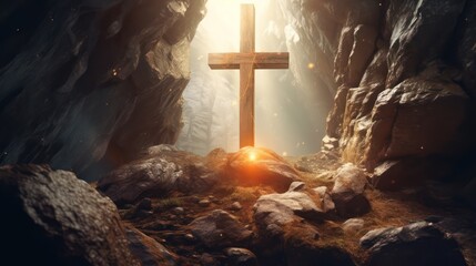 Wooden Christian cross shining light  from the view of dark cave 