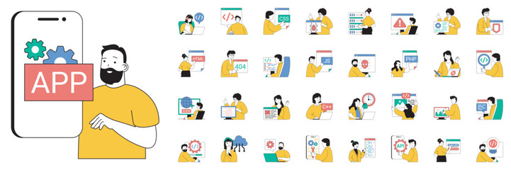 Programming concept with character situations mega set. Bundle of scenes people creating apps and programs, working with code different languages and other. Vector illustrations in flat web design